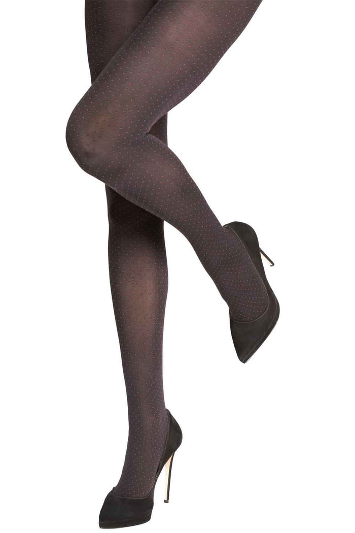 Two tone  tights worn with black high-heeled shoes on a white background