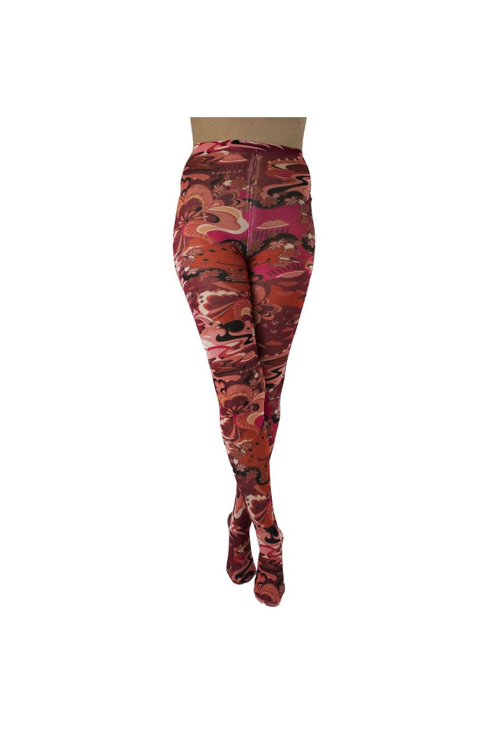 Outer space patterned burgundy tights on a white background