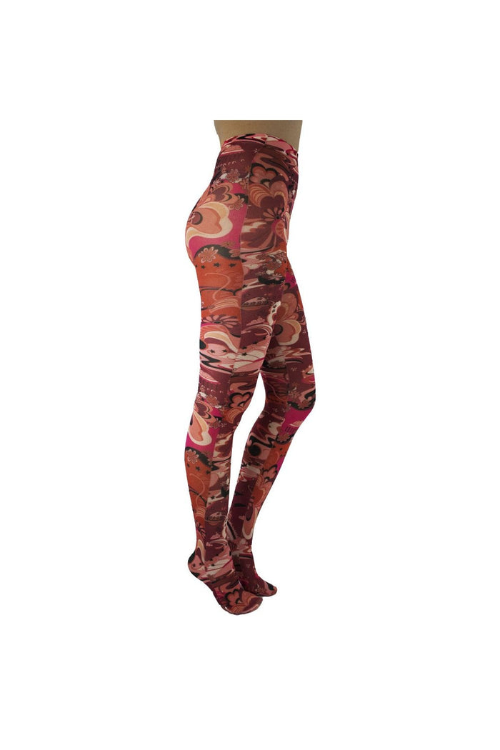 Outer space patterned burgundy tights on a white background