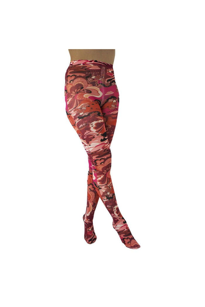 Outer Space patterned burgundy tights  on a white background