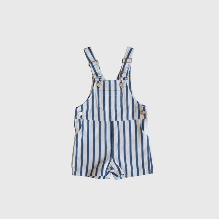 Forever french baby Overalls | Denim Stripe—blue and white striped toddler overalls with adjustable straps and front buttons, shown on a white background. Perfect for stylish little ones.