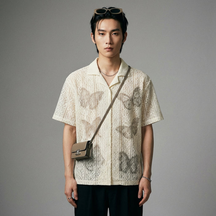 Chemise unisexe oversize imprimé papillon abricot - Koreanxwear - Taille S