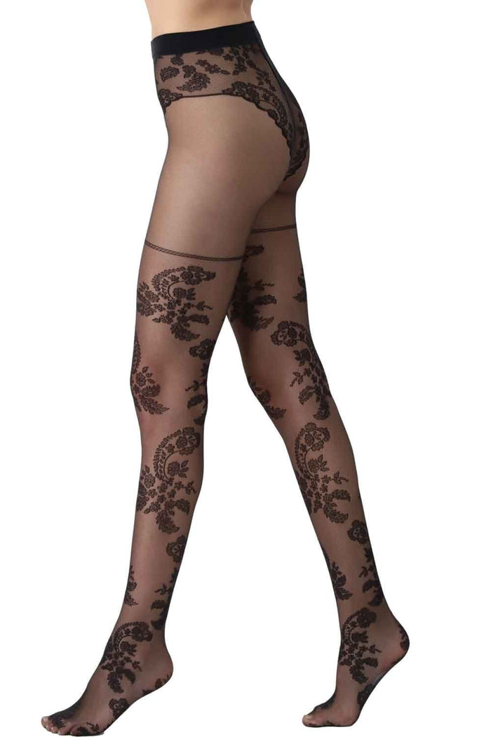 Paisley  black floral patterned tights on a white background