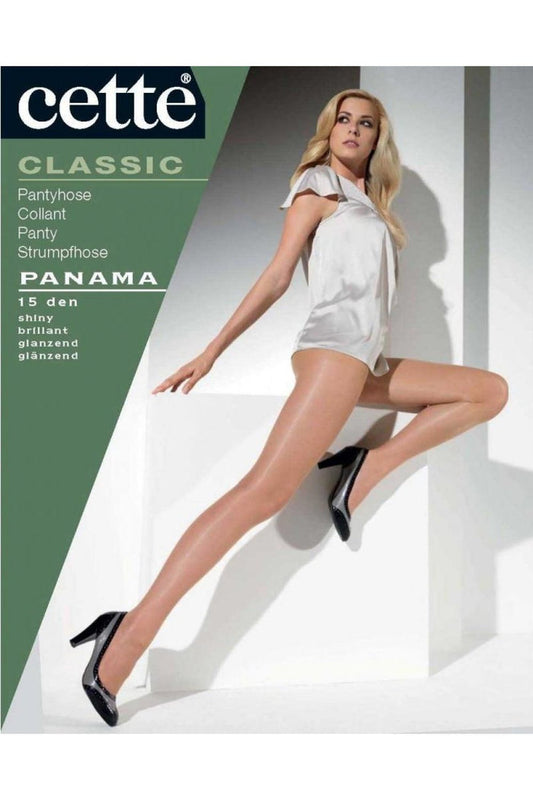 Cette hosiery packaging with a model wearing tights  against a white background
