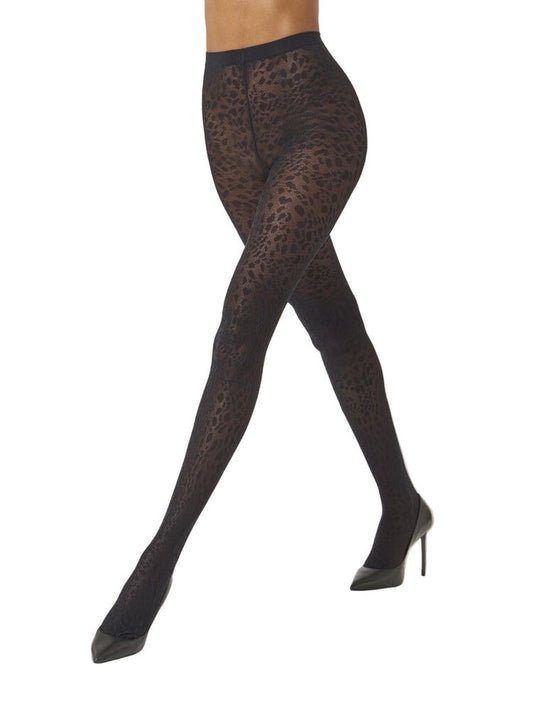 Wolford pantera leopard design patterned tights in black on a white background