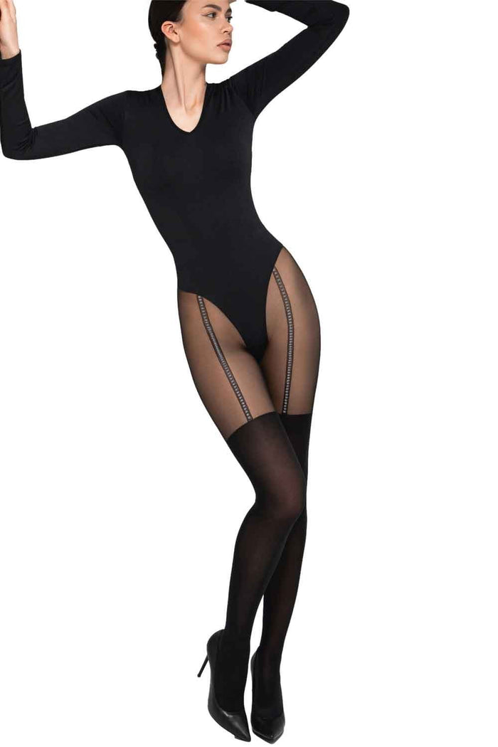 Woman wearing a black bodysuit with lurex suspender tights on a white background