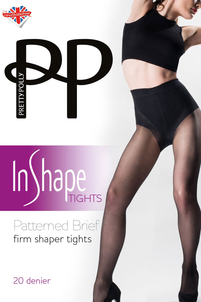 Pretty Polly InShape tights packaging with a model wearing black tights on a white background