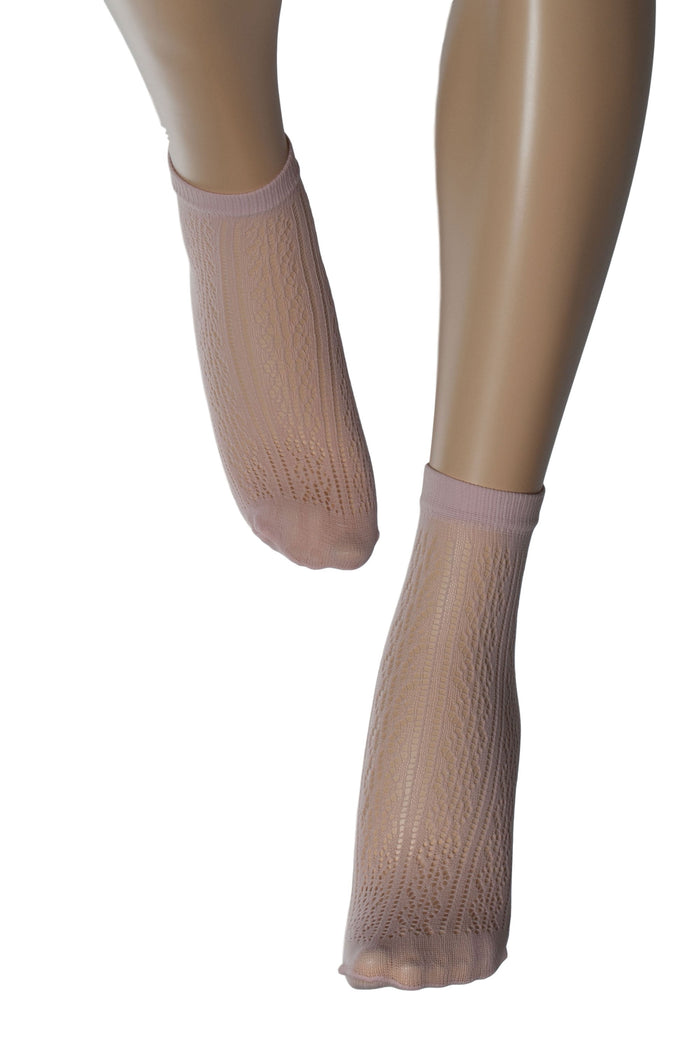 Pink pererine crotchet ankle socks on a white background