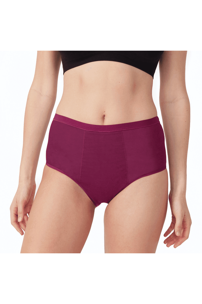 Person wearing a pair of period full brief in plum on a white background