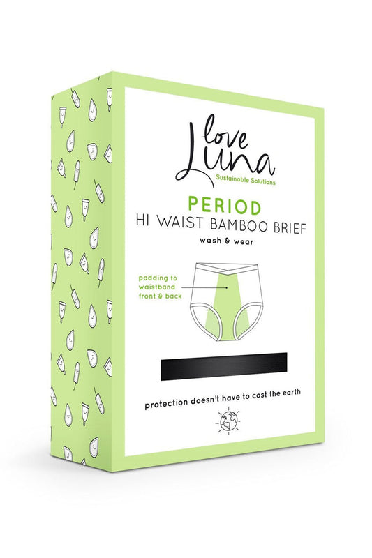 Box of Love Luna period high waist bamboo briefs on a white background