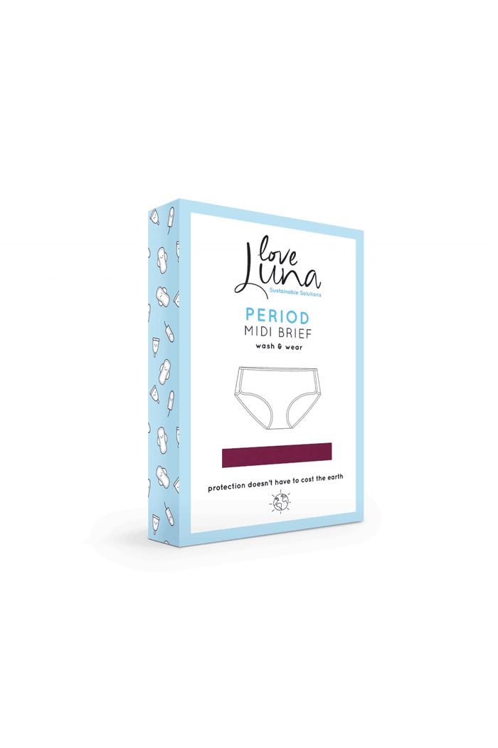 Box of Love Lunus period midi briefs in plum  on a white background