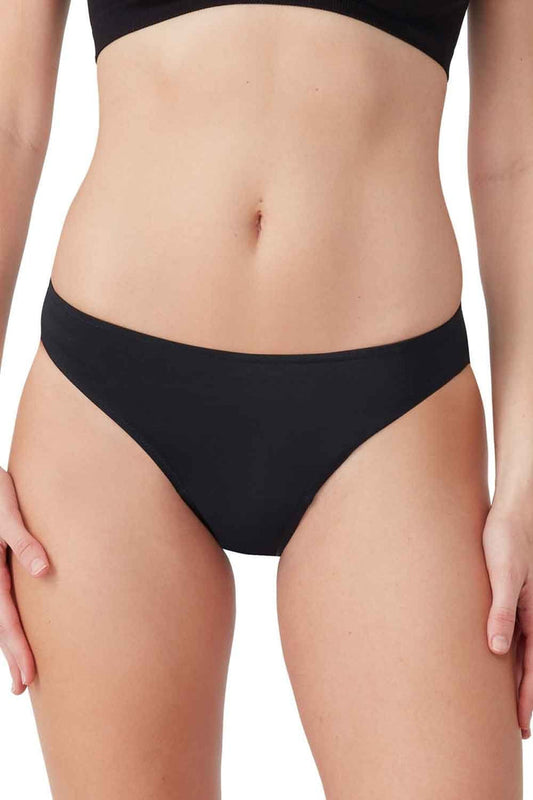 Black bikini period swim bikini brief  worn by a person on a white background