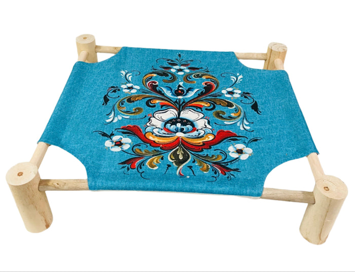Pet Bed with Wood Base with Lise Lorentzen Rosemaling