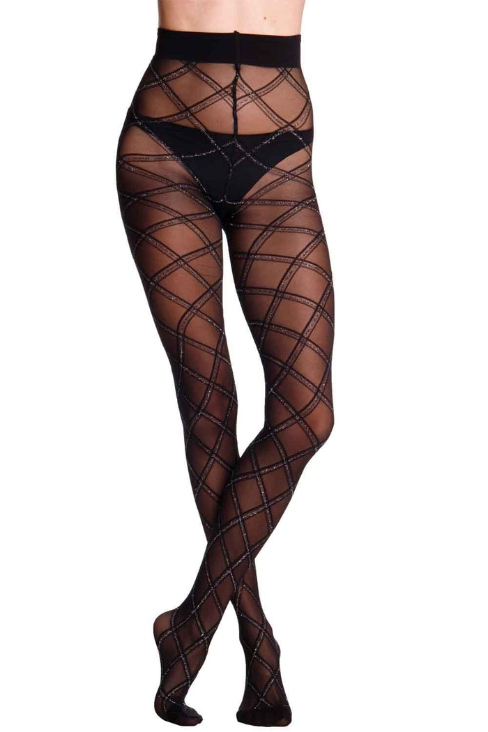 Black diamond patterned tights on a white background