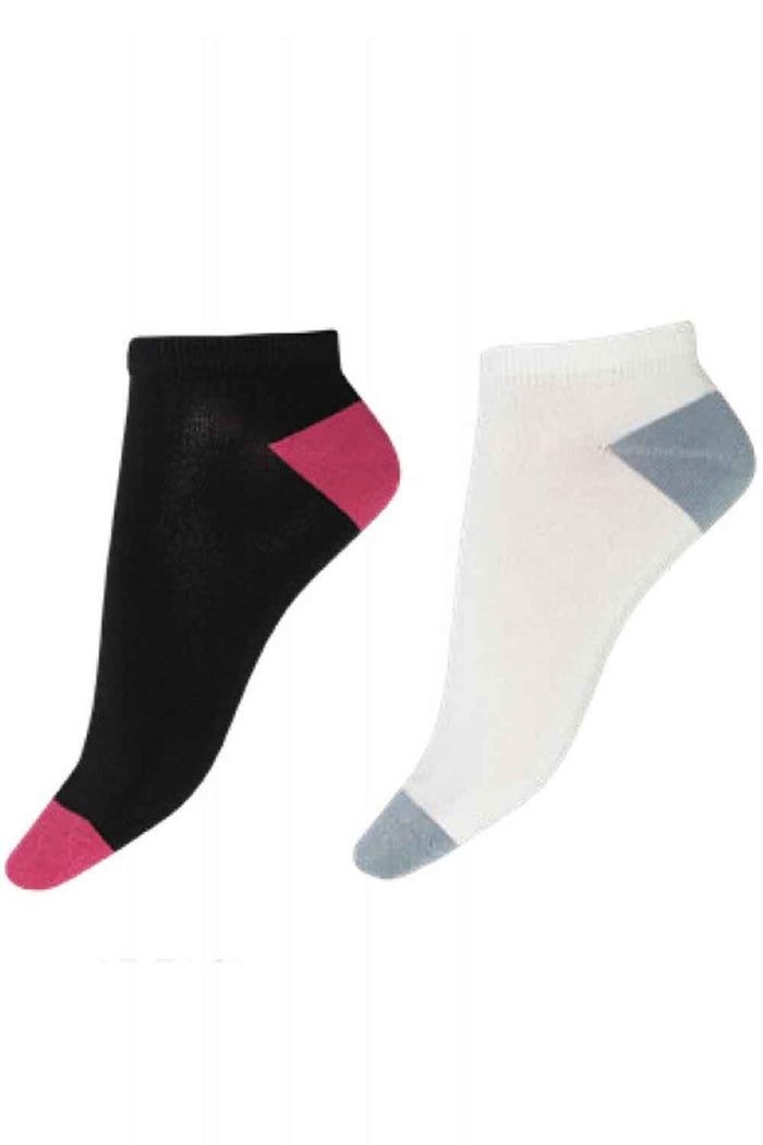 Two pairs of socks, one black with pink toes and heels, the other white with gray toes and heels, on a white background.