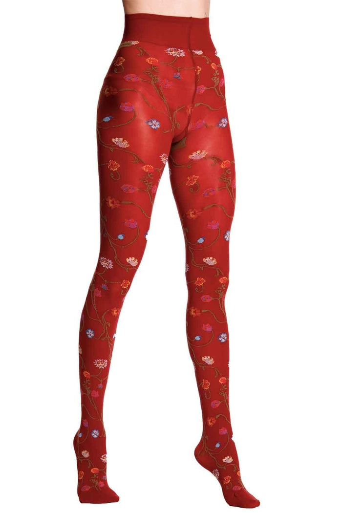 Red tights with floral pattern on a white background