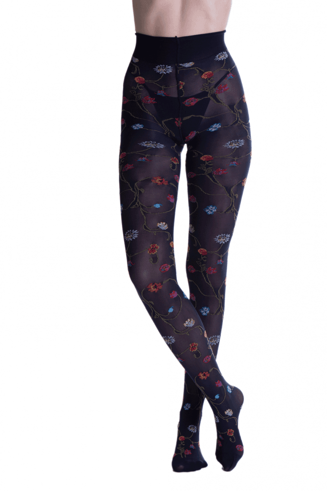 Dark blue tights with colorful floral pattern on a white background