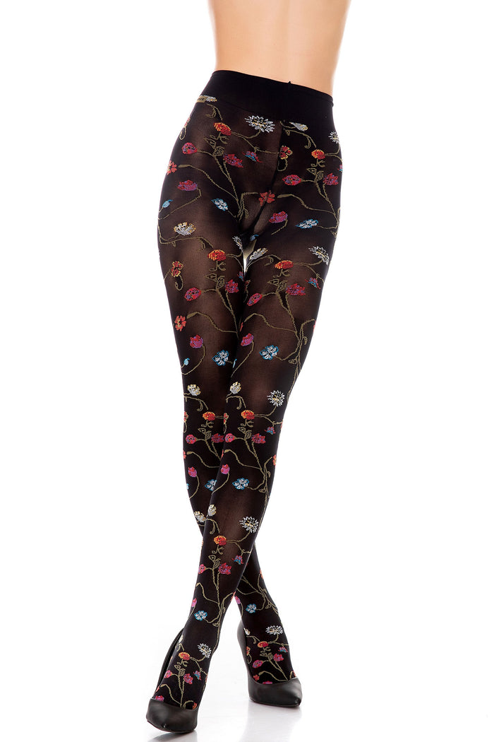 Black floral patterned tights on a white background