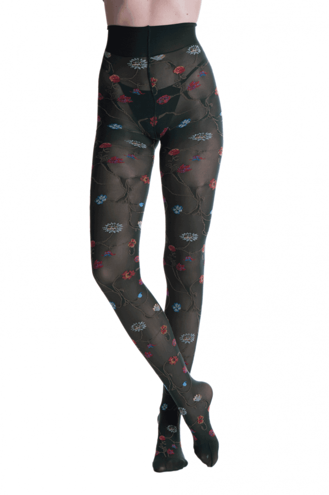Dark green tights with colourful pattern on a white background
