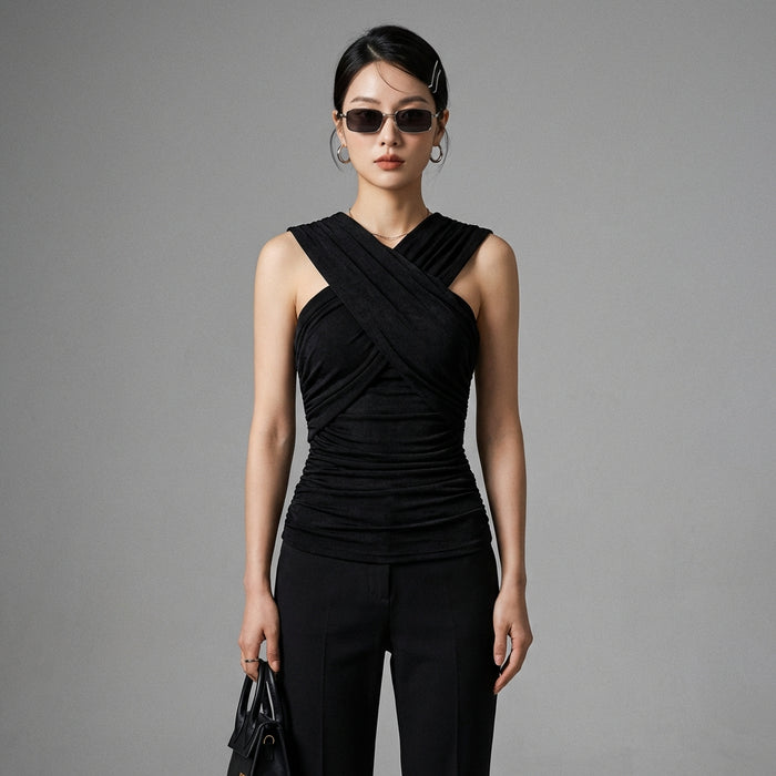 Débardeur plissé noir slim fit, col licou, épaules dénudées - Koreanxwear - Taille S