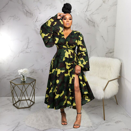 Plus Size African Women Wear Autumn Strap Asymmetric Wide Hem Long Sleeve Dress