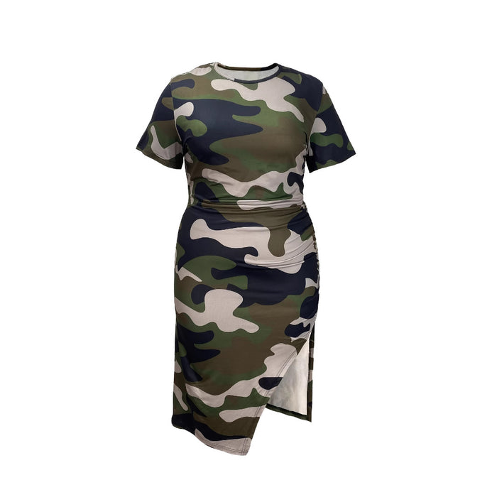 Plus Size Camouflage Printed round Neck Side Pleated High Slit Shoulder Sleeve Dress