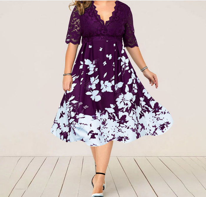 Plus Size Dress Printed V-neck Lace Stitching Banquet Party  Women Clothing Dress