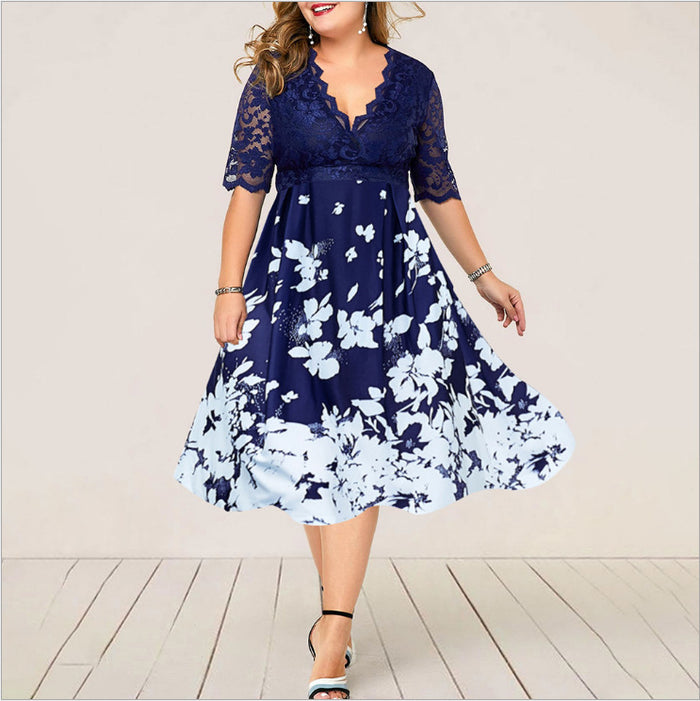 Plus Size Dress Printed V-neck Lace Stitching Banquet Party  Women Clothing Dress