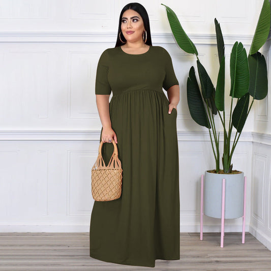 Plus Size Dress Summer Women Clothing Solid Color Round Neck Loose Casual  Dress