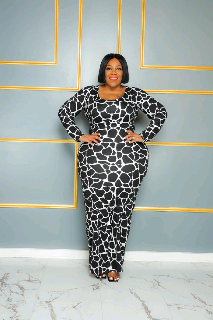 Plus Size Long Sleeve Personalized Printed Hip Dress No Belt