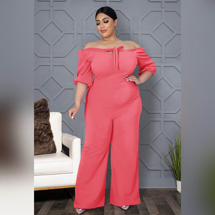 Plus Size Solid Color off-Shoulder Strap Wide-Leg Jumpsuit Women
