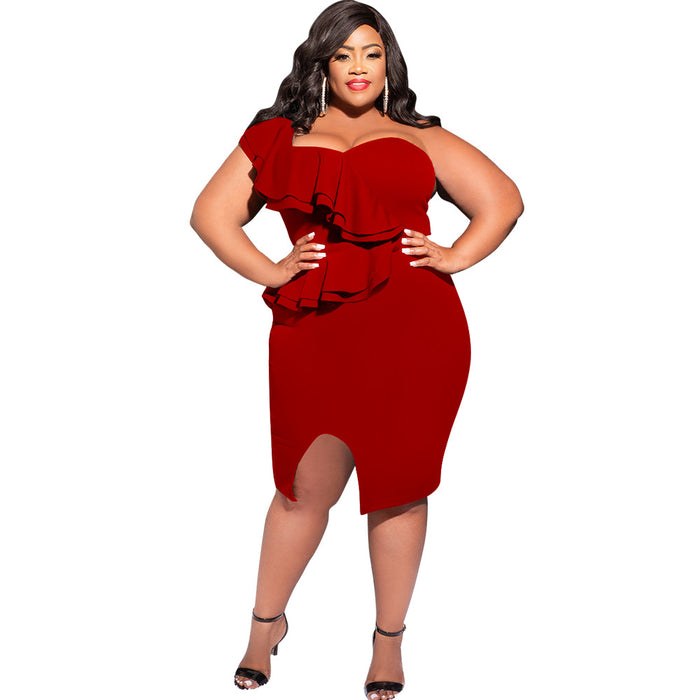 Plus Size Spring Summer Casual Ruffled Split Shoulder Sleeve Sheath Split Dress