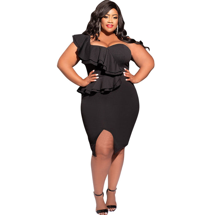 Plus Size Spring Summer Casual Ruffled Split Shoulder Sleeve Sheath Split Dress