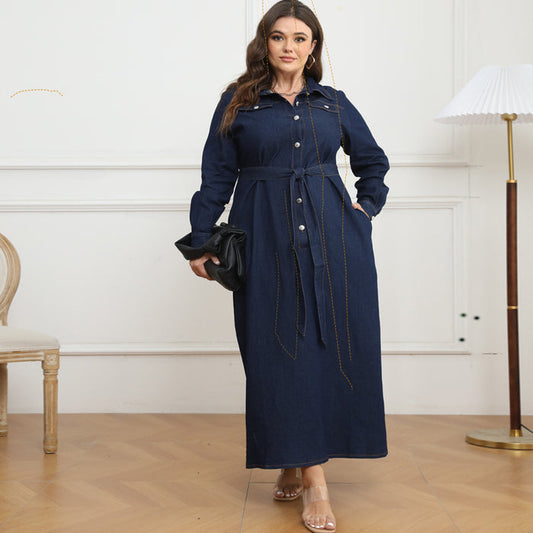 Plus Size Winter Women Clothing Collar Cardigan Washed Denim Dress