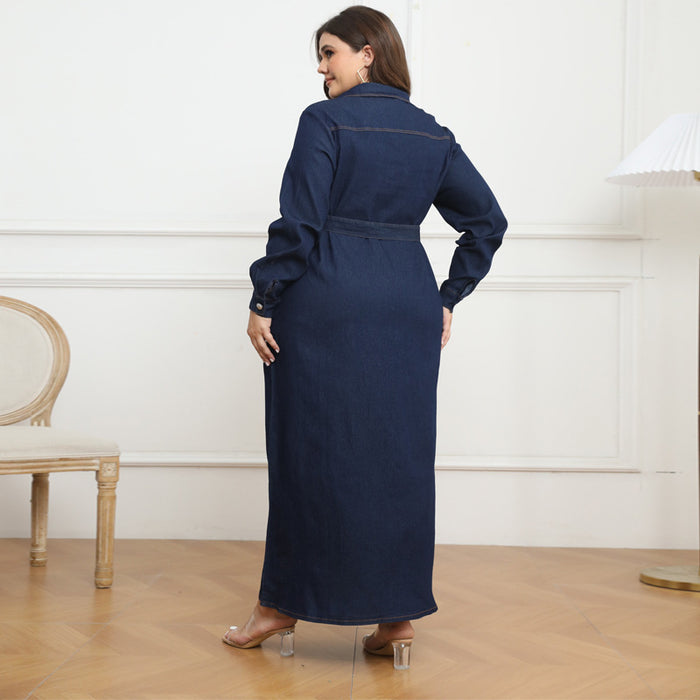 Plus Size Winter Women Clothing Collar Cardigan Washed Denim Dress