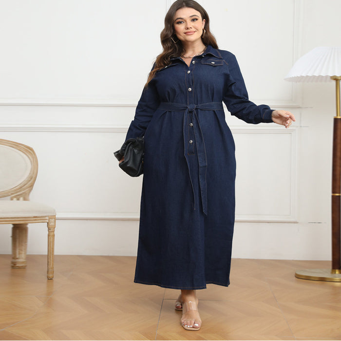 Plus Size Winter Women Clothing Collar Cardigan Washed Denim Dress