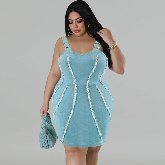 Plus Size Women Clothing Denim Sling Sleeveless Short Dress