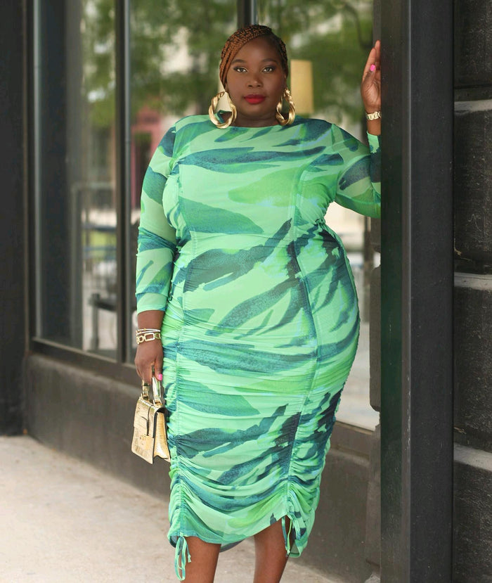 Plus Size Women Clothing Drawstring Printed Sexy Long Sleeve  Dress