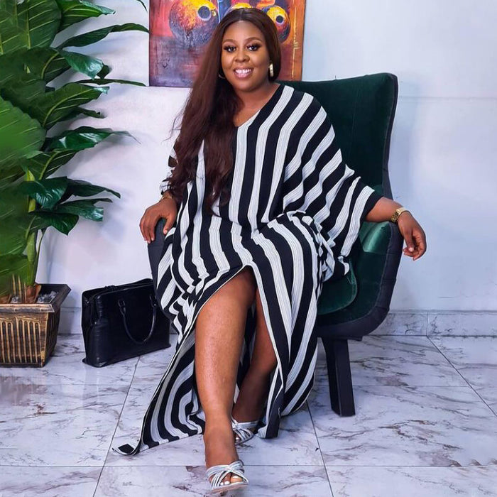 Plus Size Women Clothing Loose Girls Sexy Striped Irregular Asymmetric Dress