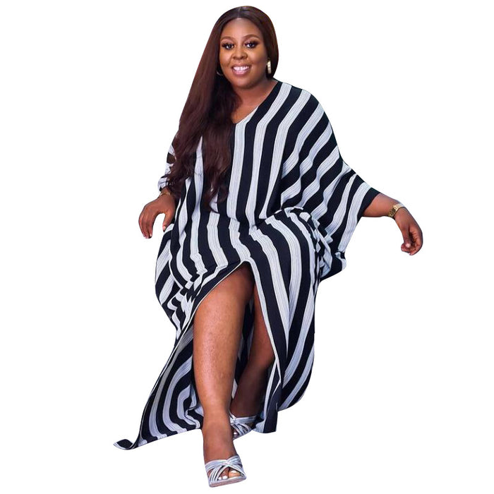 Plus Size Women Clothing Loose Girls Sexy Striped Irregular Asymmetric Dress