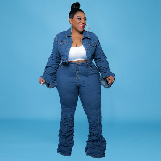 Plus Size Women Clothing New Fall Winter Cowboy Long-Sleeved Coat with Feet Pleated Pile Pants