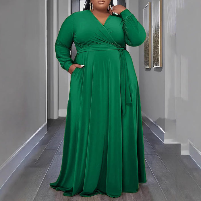 Plus Size Women Clothing Spring Elegant Design Cross Collar Waist-Slimming Maxi Dress