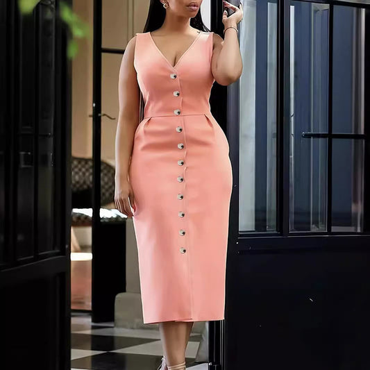 Plus Size Women Clothing Spring Summer Elegant V neck Skin Color Solid Color Jumpsuit Sheath Dress