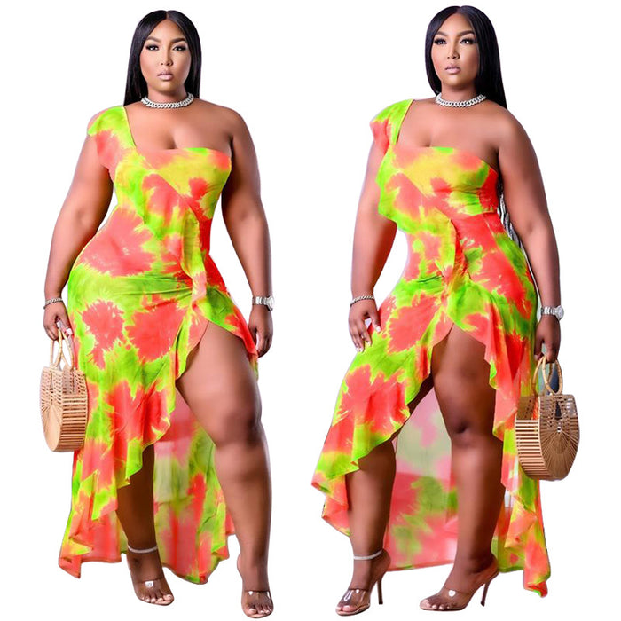 Plus Size Women Clothing Summer Single Sleeve Irregular Asymmetric Printed Flounced Skirt Edge Dress