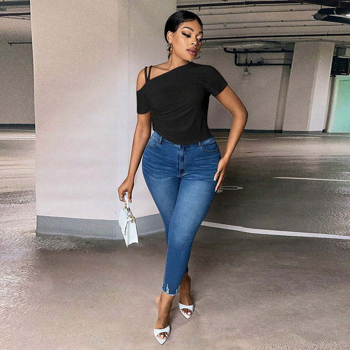 Plus Size Women Clothing Summer Slim off Shoulder Diagonal Collar Solid Color T shirt Top