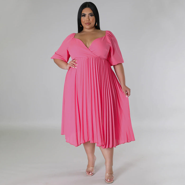 Plus Size Women Clothing V neck Hem Pleated Short Sleeve Dress