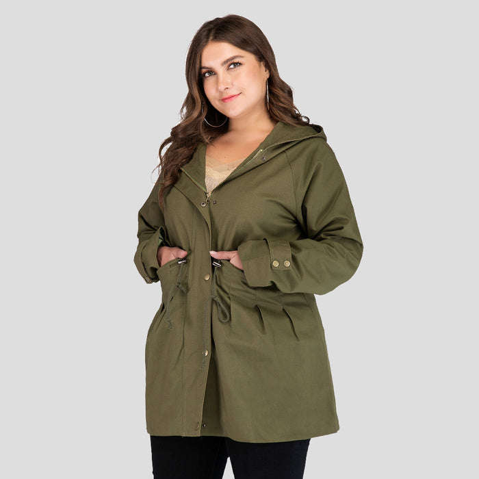 Plus Size Women Mid-Length Waist Slimming Army Green Anorak Women Long-Sleeved Coat