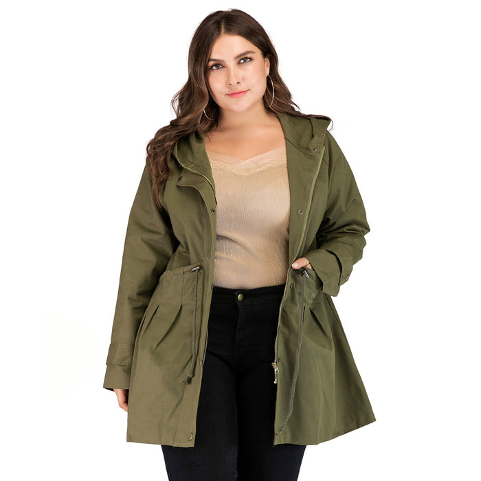 Plus Size Women Mid-Length Waist Slimming Army Green Anorak Women Long-Sleeved Coat