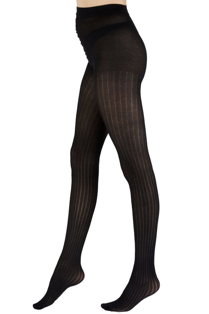 Black tights with a subtle rib  pattern on a white background