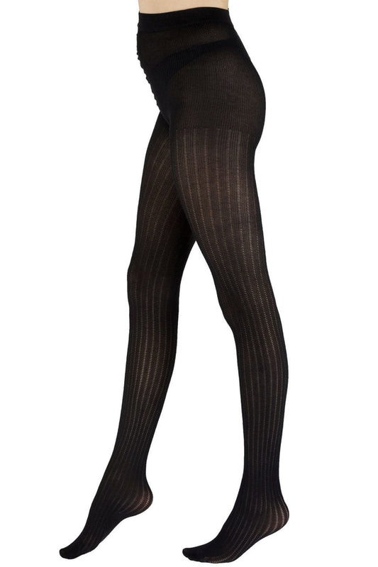 Black tights with a subtle rib  pattern on a white background